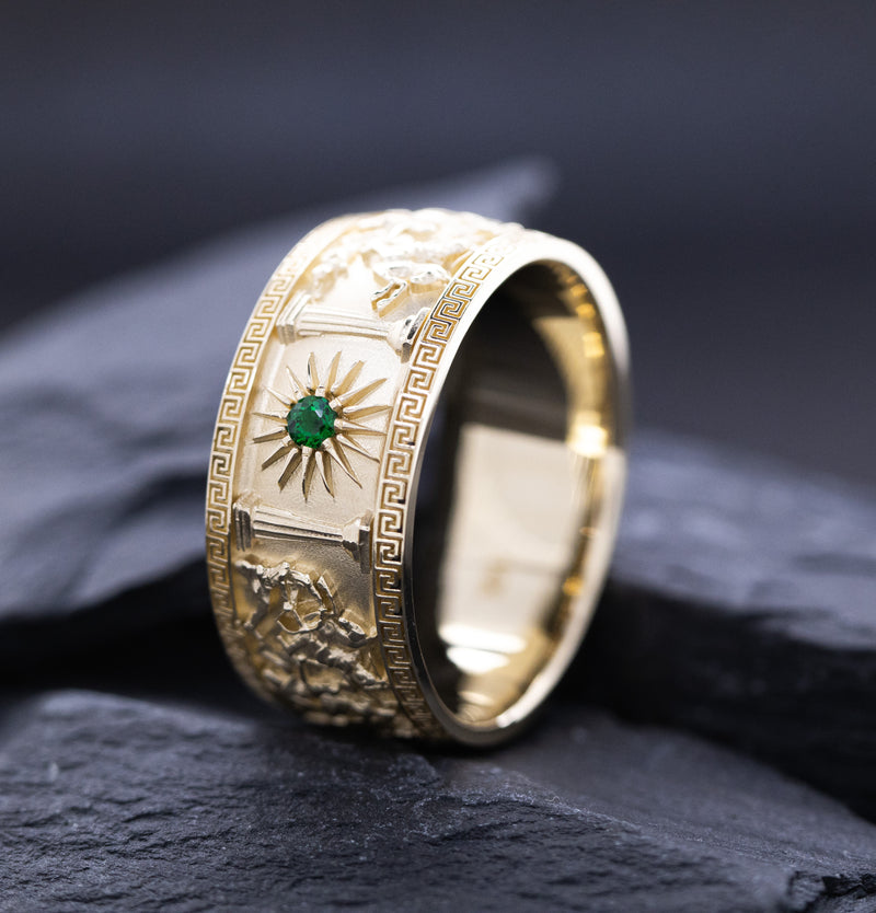 10mm Custom Made, Dome Shaped, 14k Solid Yellow Gold Ring with Alexander the Great Sarcophagus Relief with Green Emerald