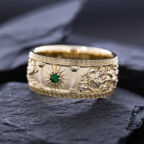 10mm Custom Made, Dome Shaped, 14k Solid Yellow Gold Ring with Alexander the Great Sarcophagus Relief with Green Emerald