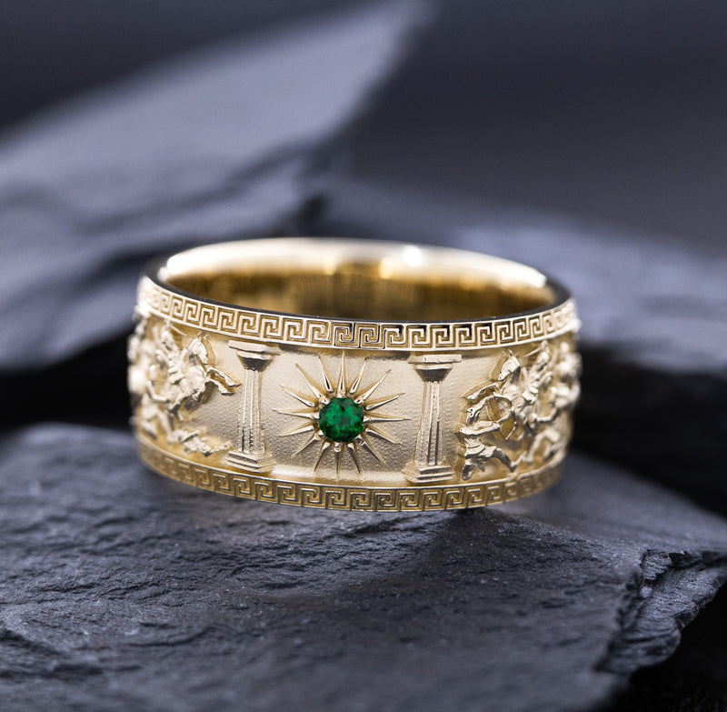 10mm Custom Made, Dome Shaped, 14k Solid Yellow Gold Ring with Alexander the Great Sarcophagus Relief with Green Emerald