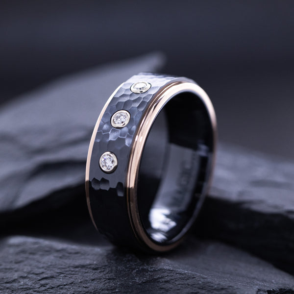 8mm Hammered Black Zirconium Ring with Three Princess Cut Diamonds and Solid Rose Gold Edges