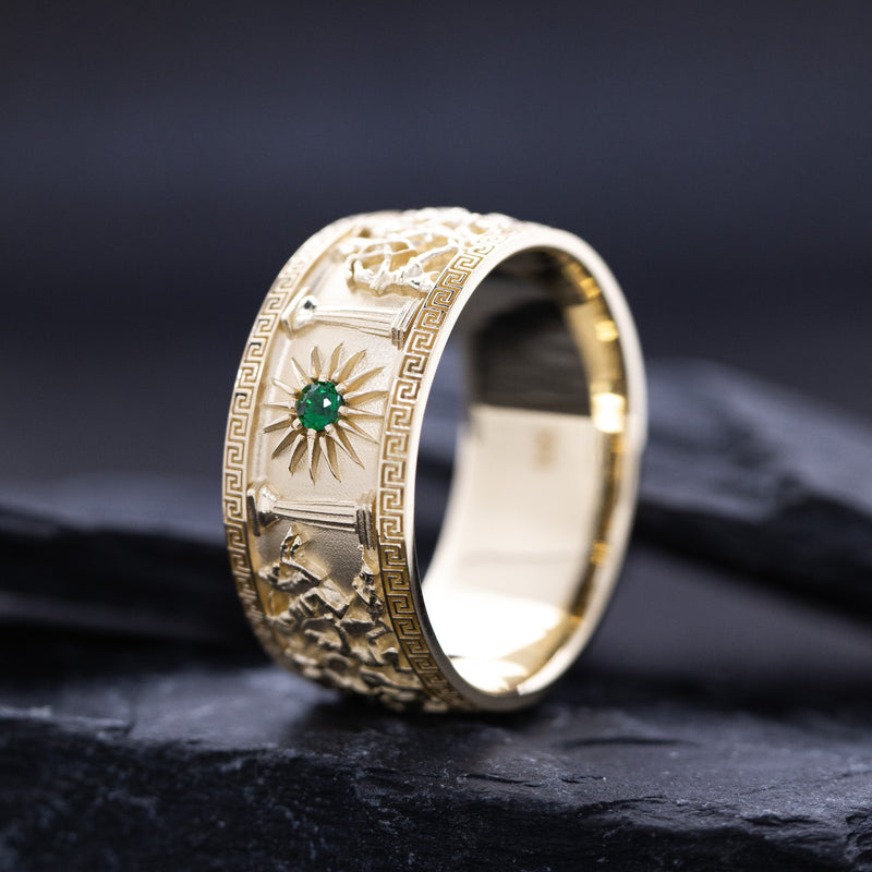 10mm Custom Made, Dome Shaped, 14k Solid Yellow Gold Ring with Alexander the Great Sarcophagus Relief with Green Emerald