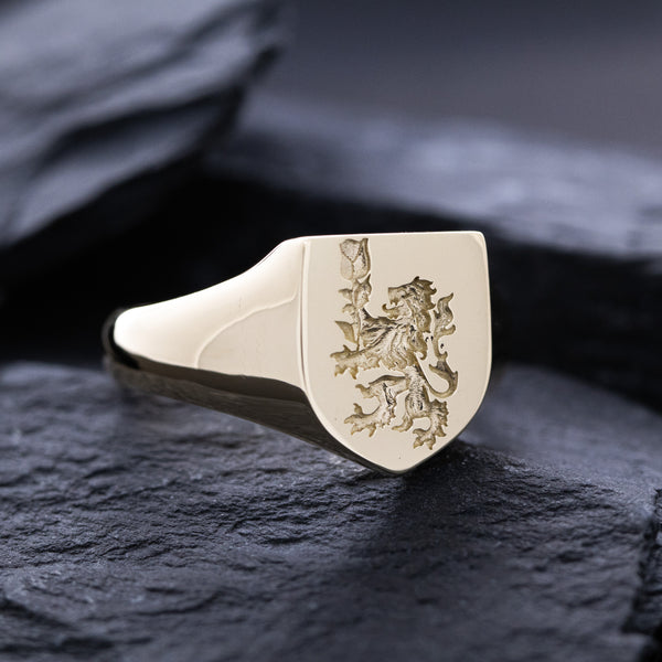 Heraldic Lion with Rose Wax Seal Signet Ring, 14k Solid Yellow Gold Ring with European Heraldic Design