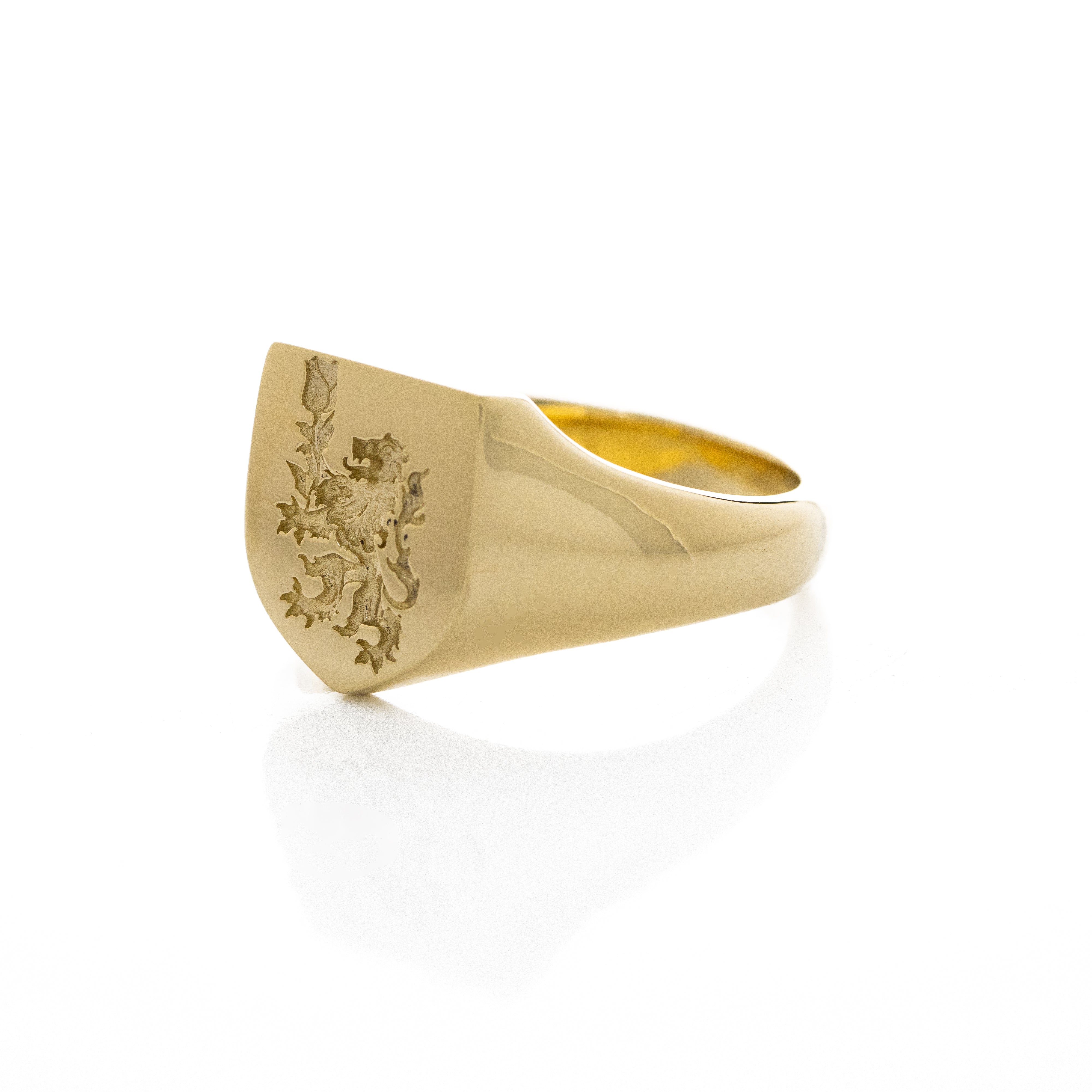 Heraldic Lion with Rose Wax Seal Signet Ring, 14k Solid Yellow Gold Ring with European Heraldic Design