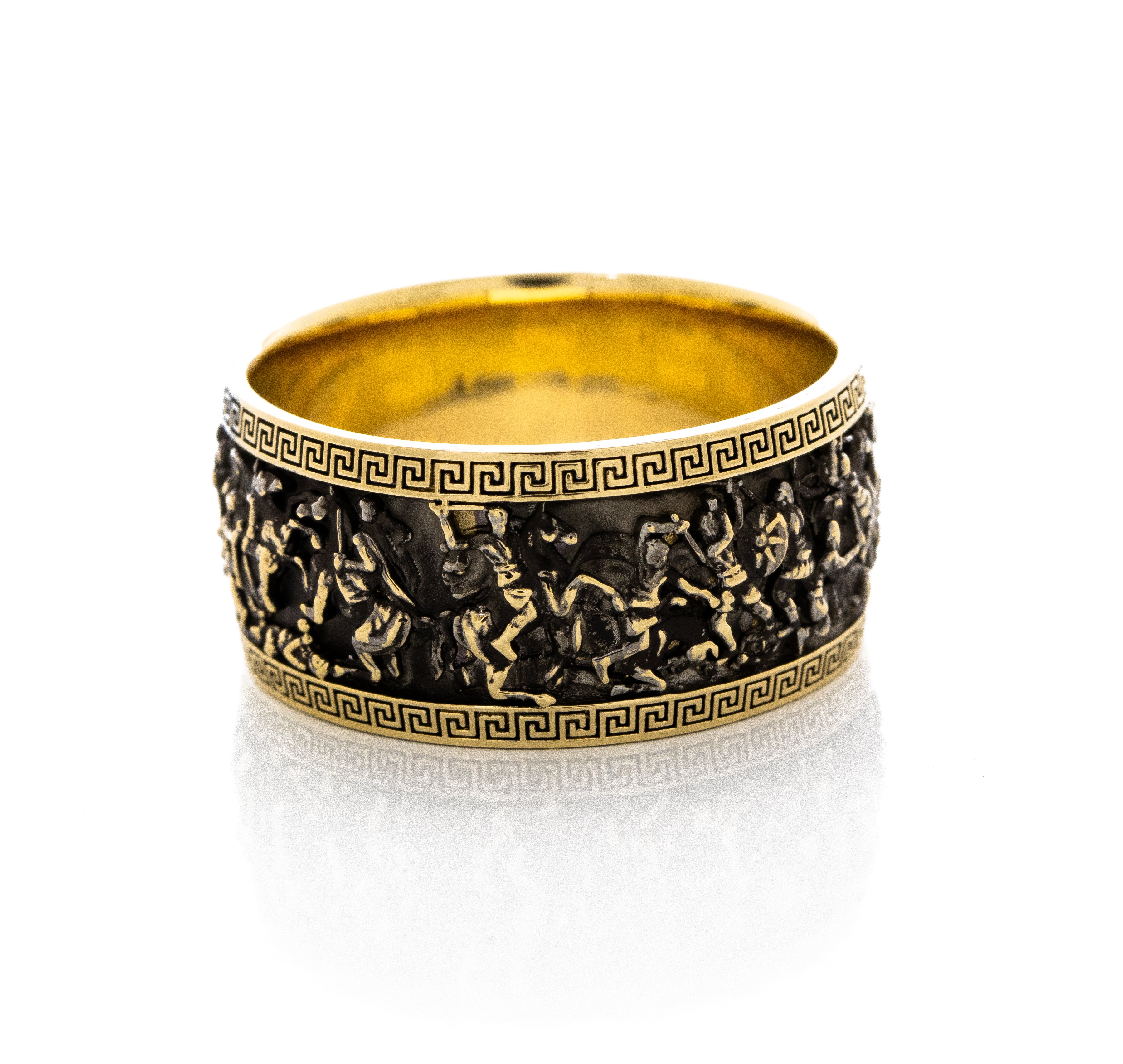 10mm, Dome Shaped, Black Oxidized 14k and 18k Solid Yellow Gold Ring with Alexander the Great Sarcophagus Relief