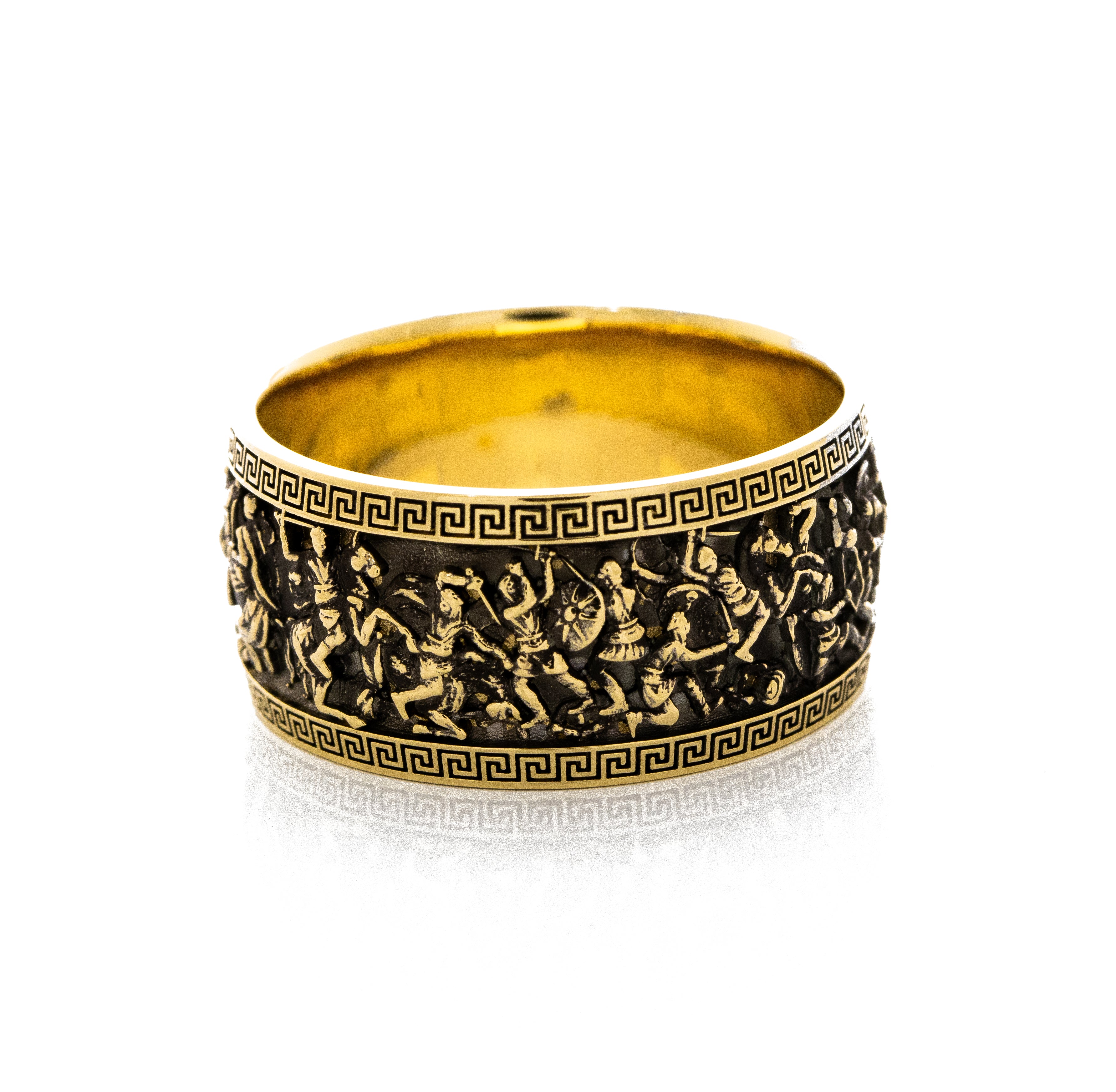 10mm, Dome Shaped, Black Oxidized 14k and 18k Solid Yellow Gold Ring with Alexander the Great Sarcophagus Relief
