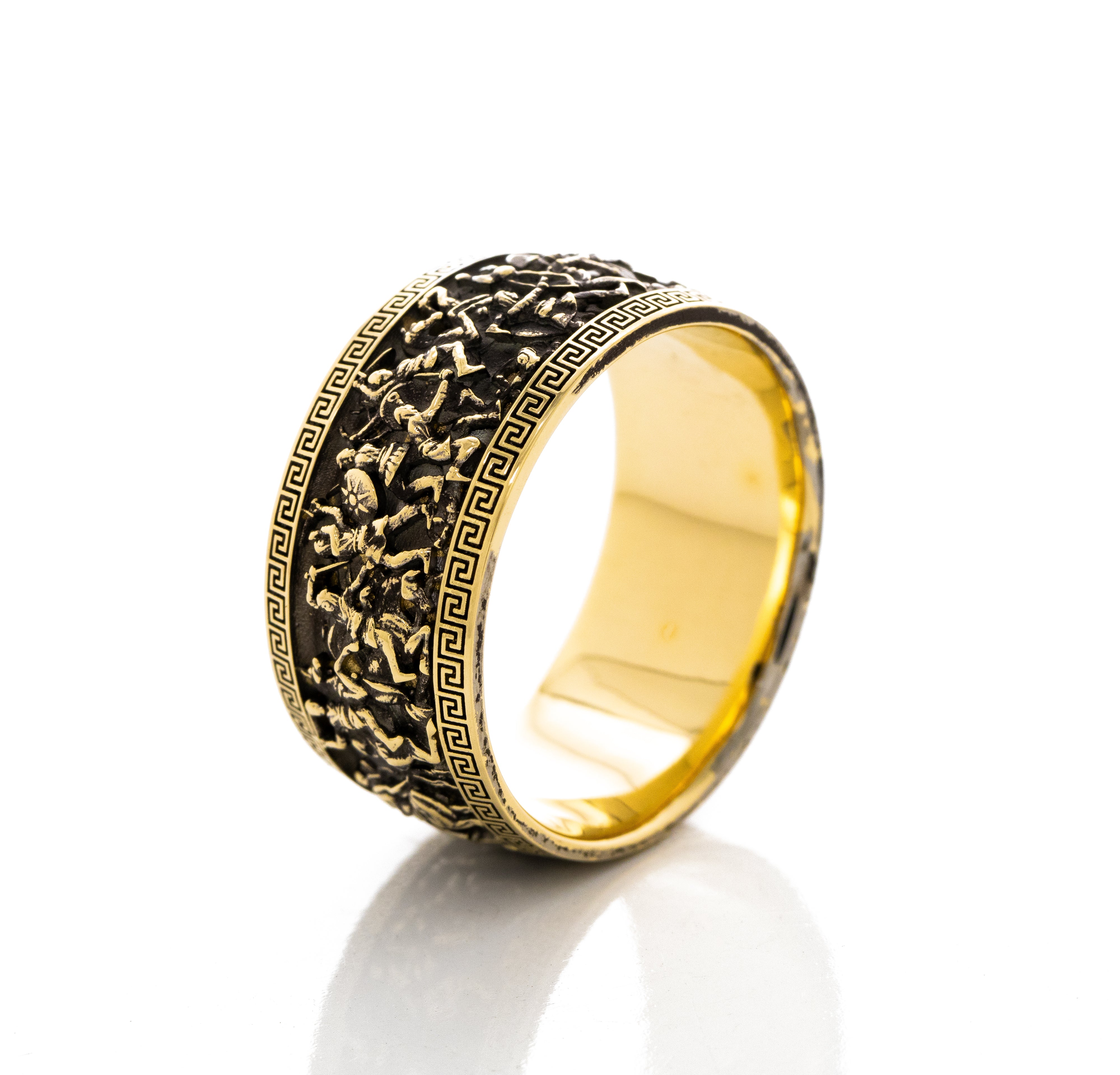 10mm, Dome Shaped, Black Oxidized 14k and 18k Solid Yellow Gold Ring with Alexander the Great Sarcophagus Relief