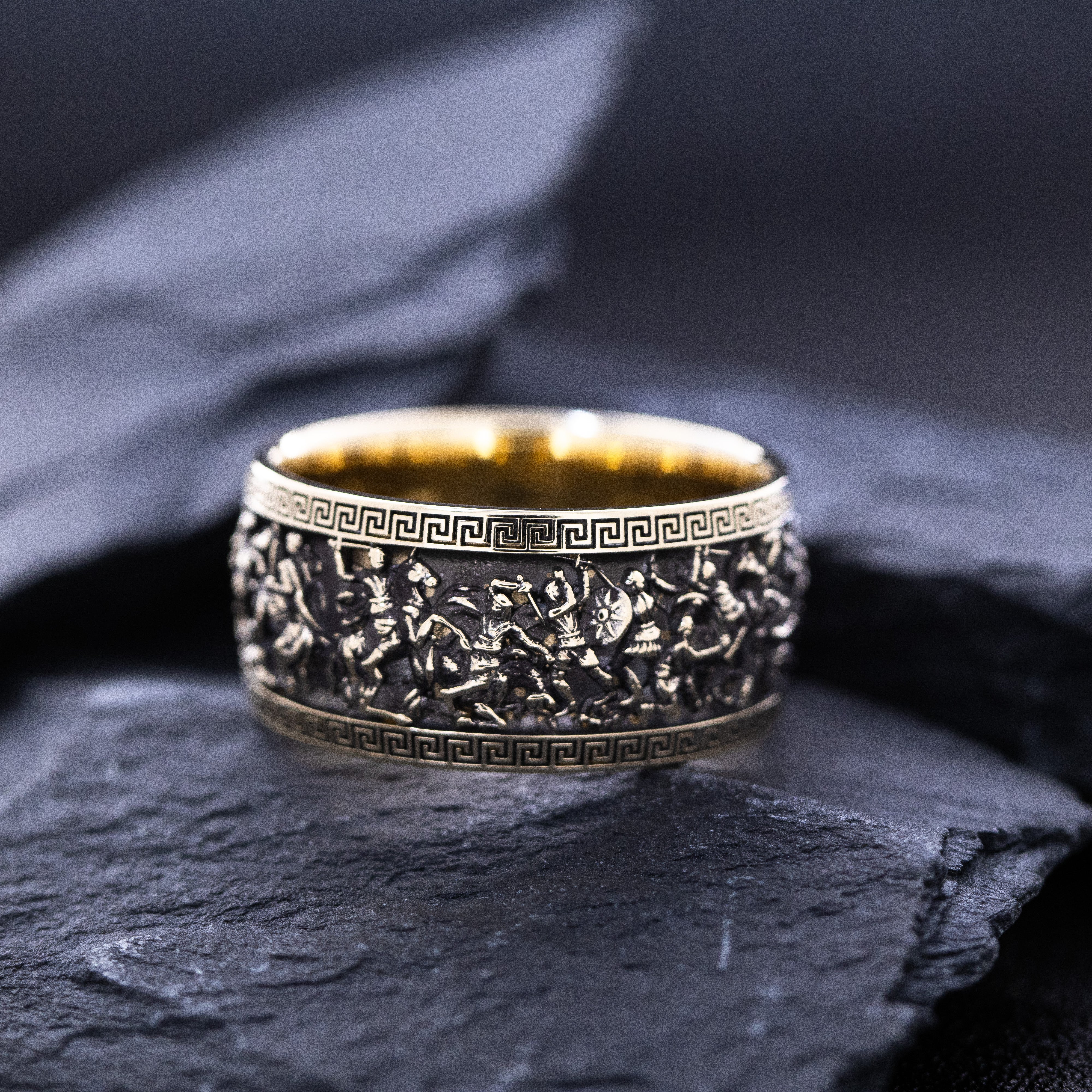 10mm, Dome Shaped, Black Oxidized 14k and 18k Solid Yellow Gold Ring with Alexander the Great Sarcophagus Relief