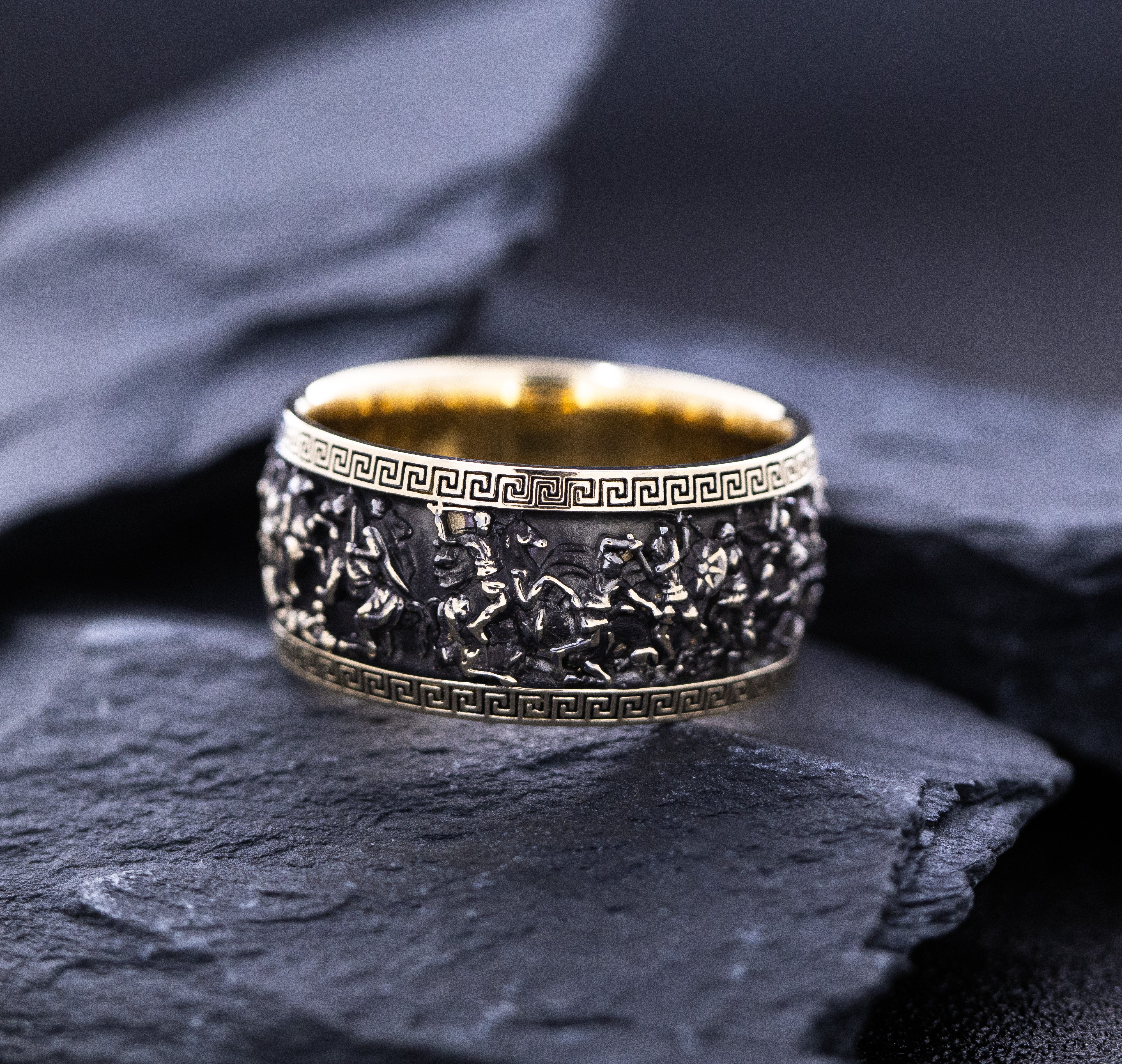10mm, Dome Shaped, Black Oxidized 14k and 18k Solid Yellow Gold Ring with Alexander the Great Sarcophagus Relief