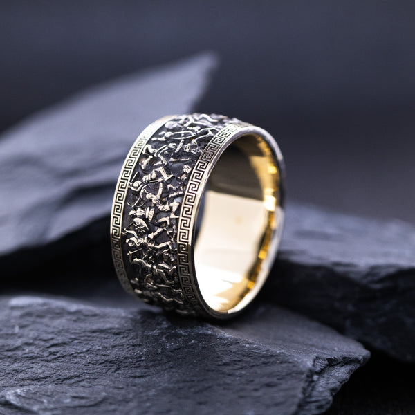 10mm, Dome Shaped, Black Oxidized 14k and 18k Solid Yellow Gold Ring with Alexander the Great Sarcophagus Relief