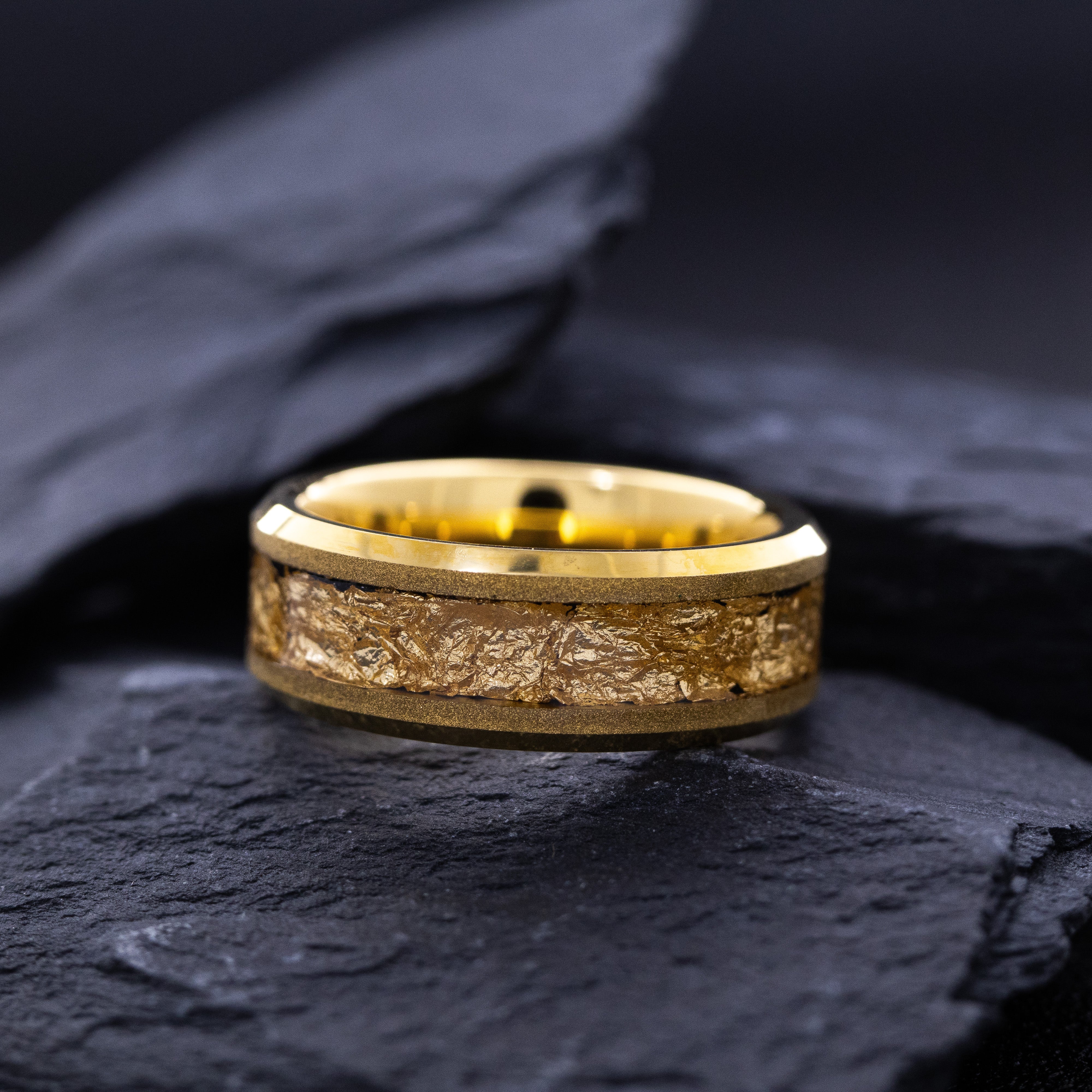 8mm Yellow Gold Plated Tungsten Ring with Gold Flake Inlay