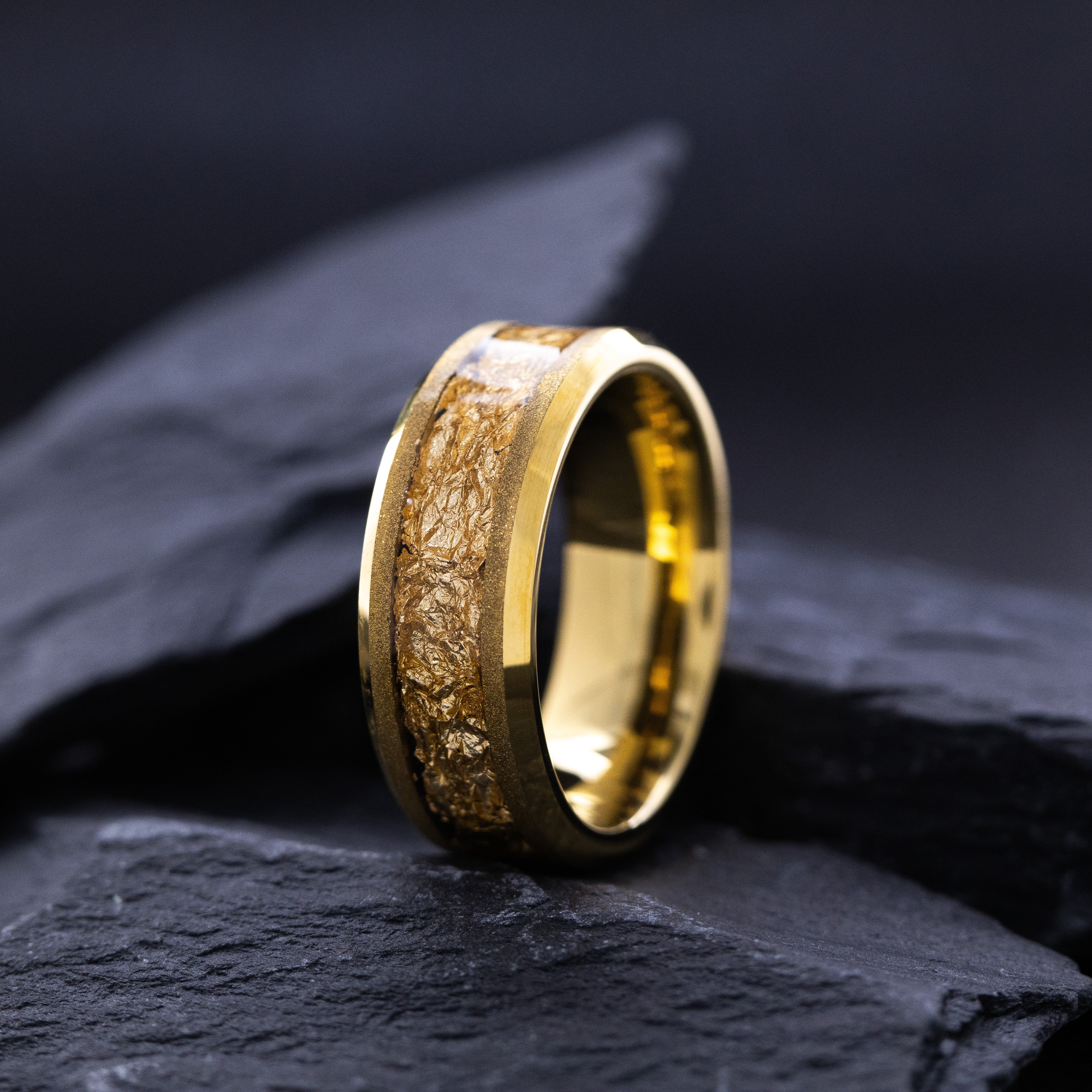 8mm Yellow Gold Plated Tungsten Ring with Gold Flake Inlay