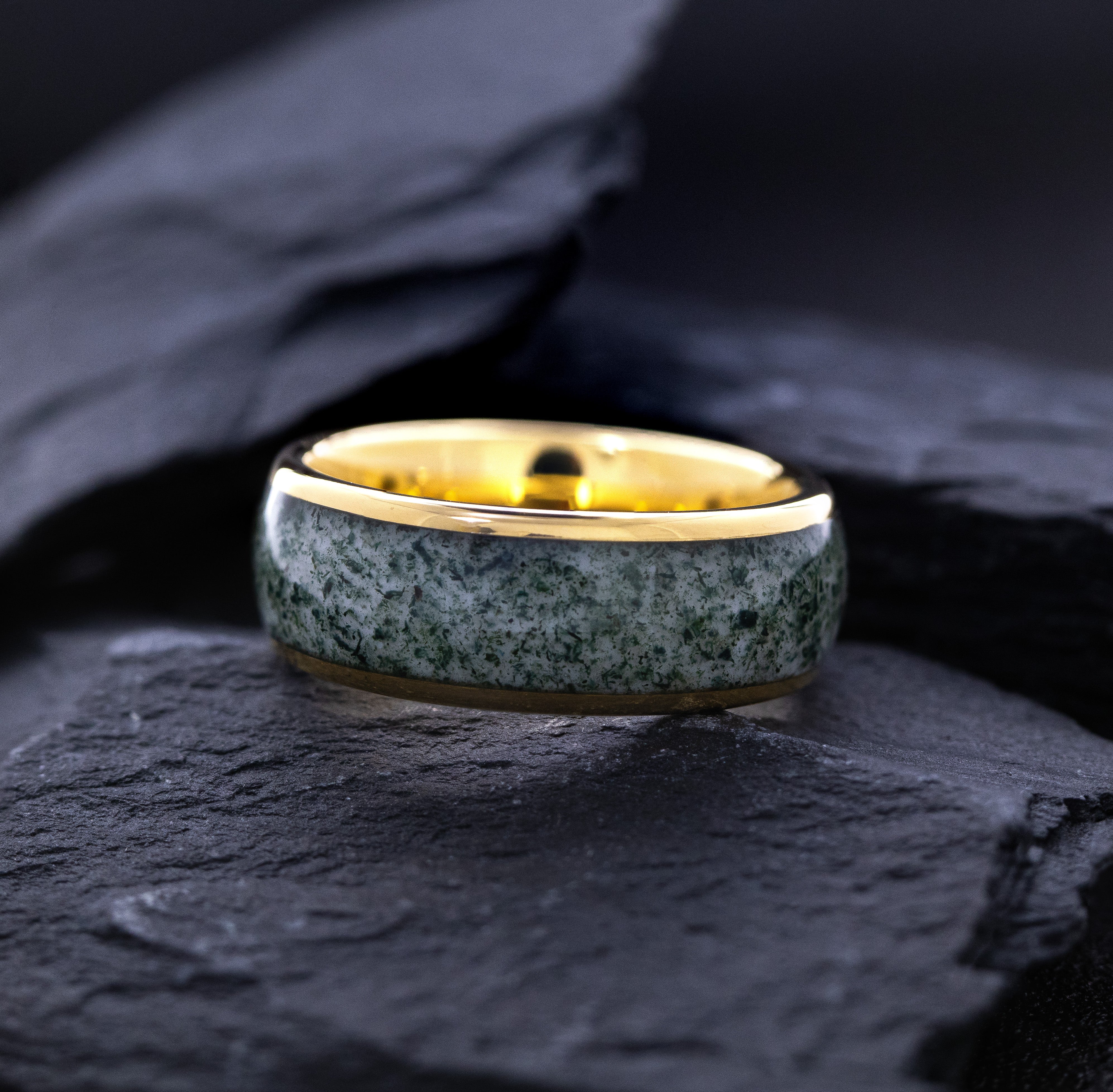 8mm Yellow Gold Plated Tungsten Ring with Green Moss Agate Inlay