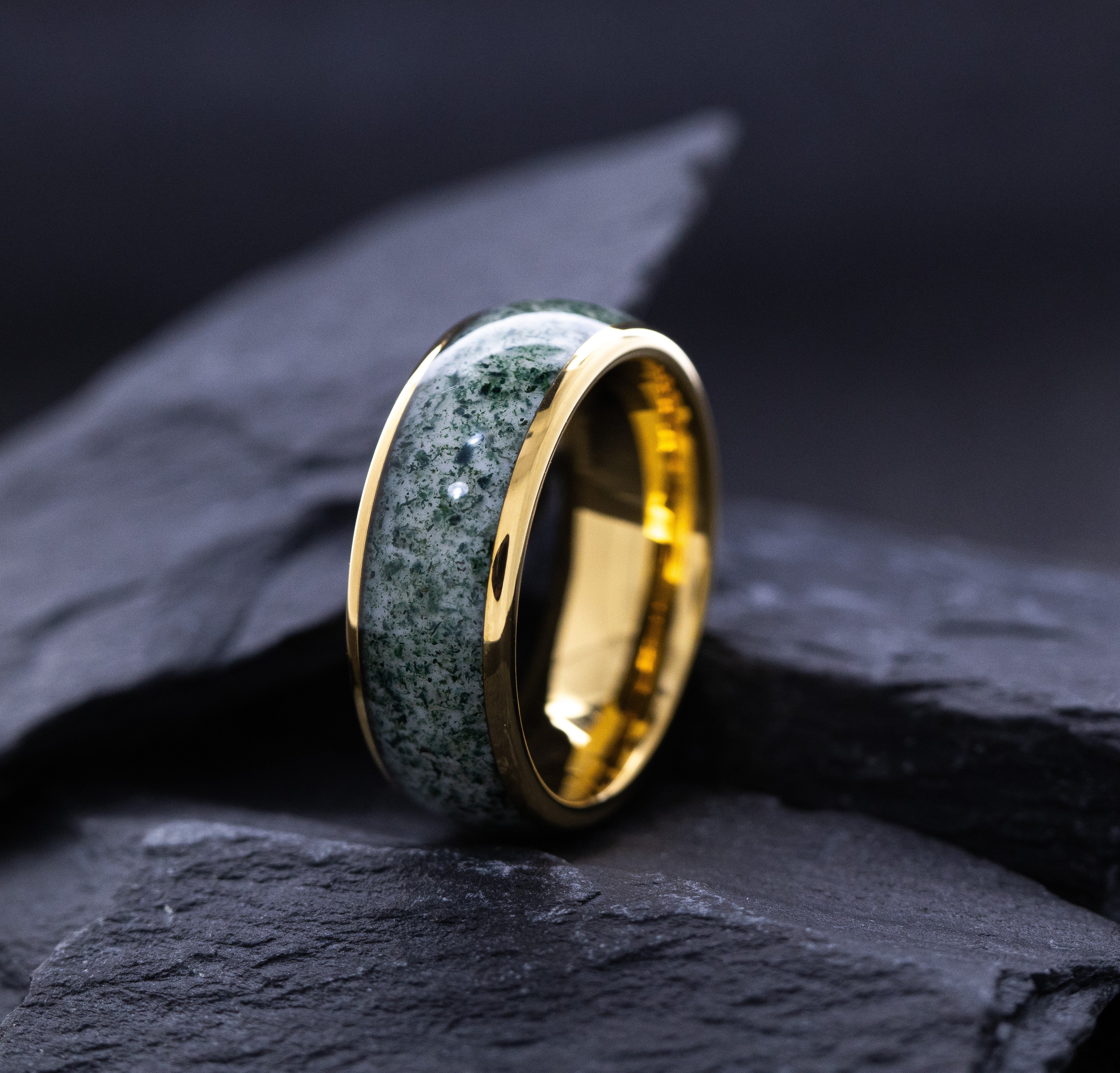 8mm Yellow Gold Plated Tungsten Ring with Green Moss Agate Inlay