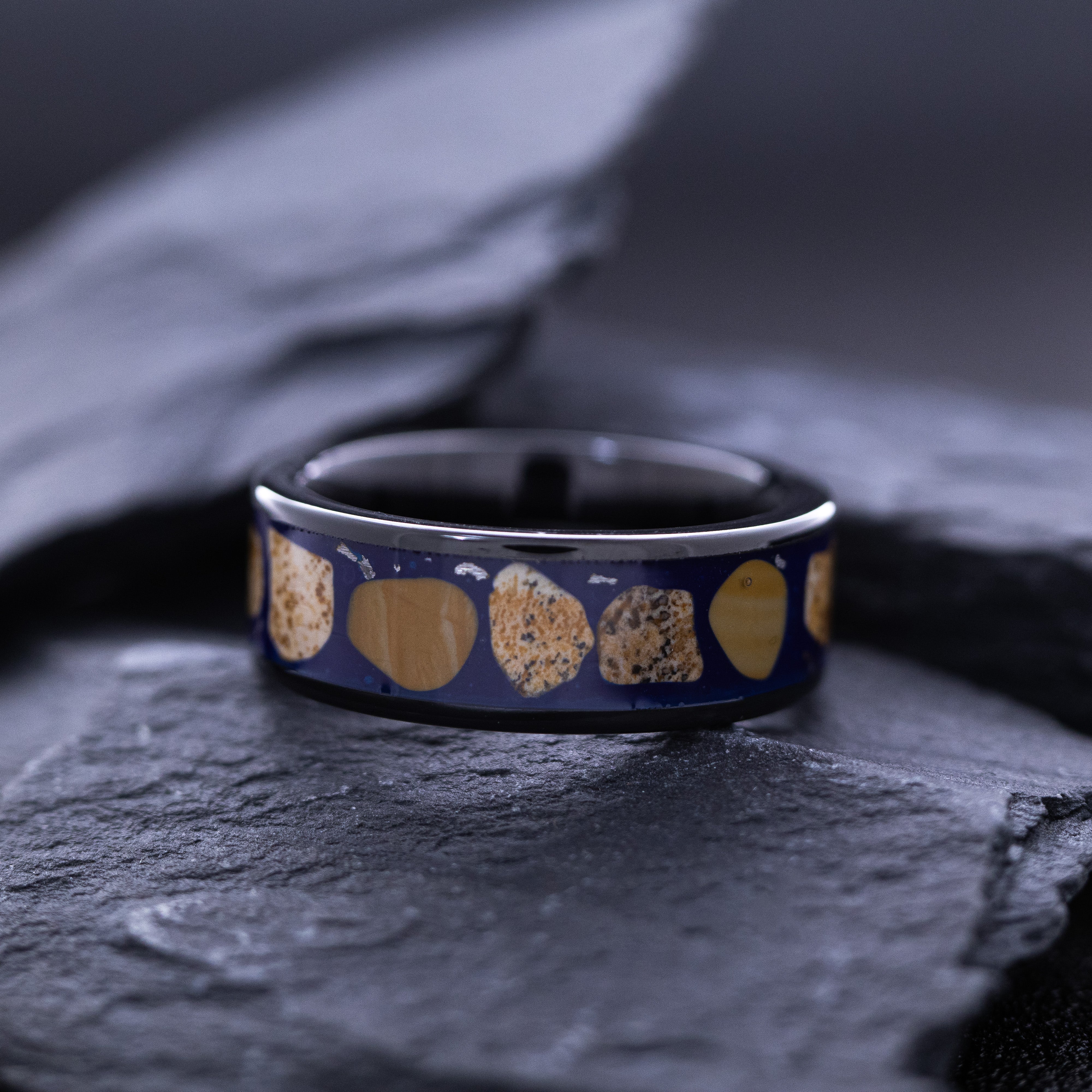 8mm Black Tungsten Carbide Ring with Rhodochrosite Inlay