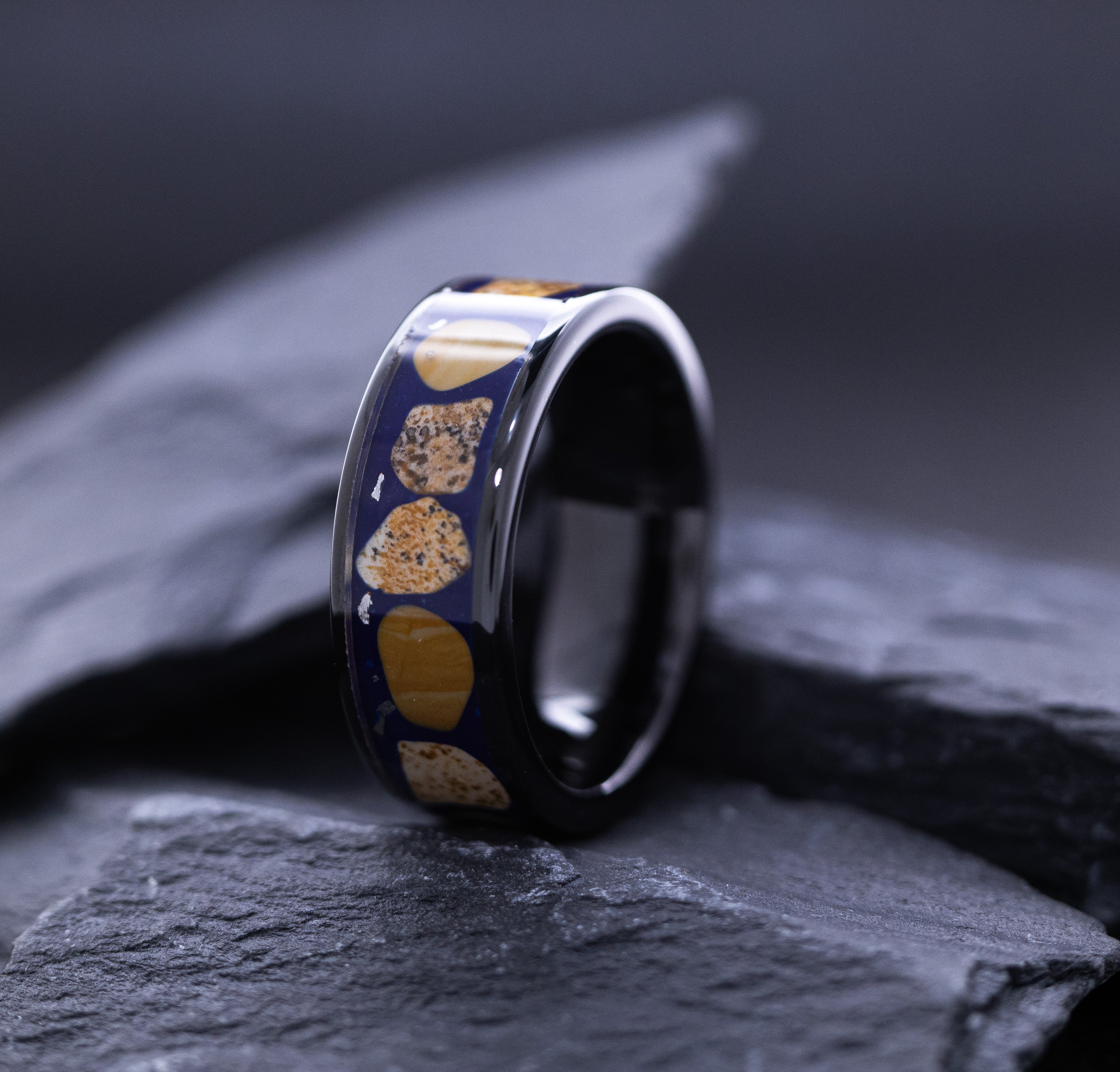 8mm Black Tungsten Carbide Ring with Rhodochrosite Inlay