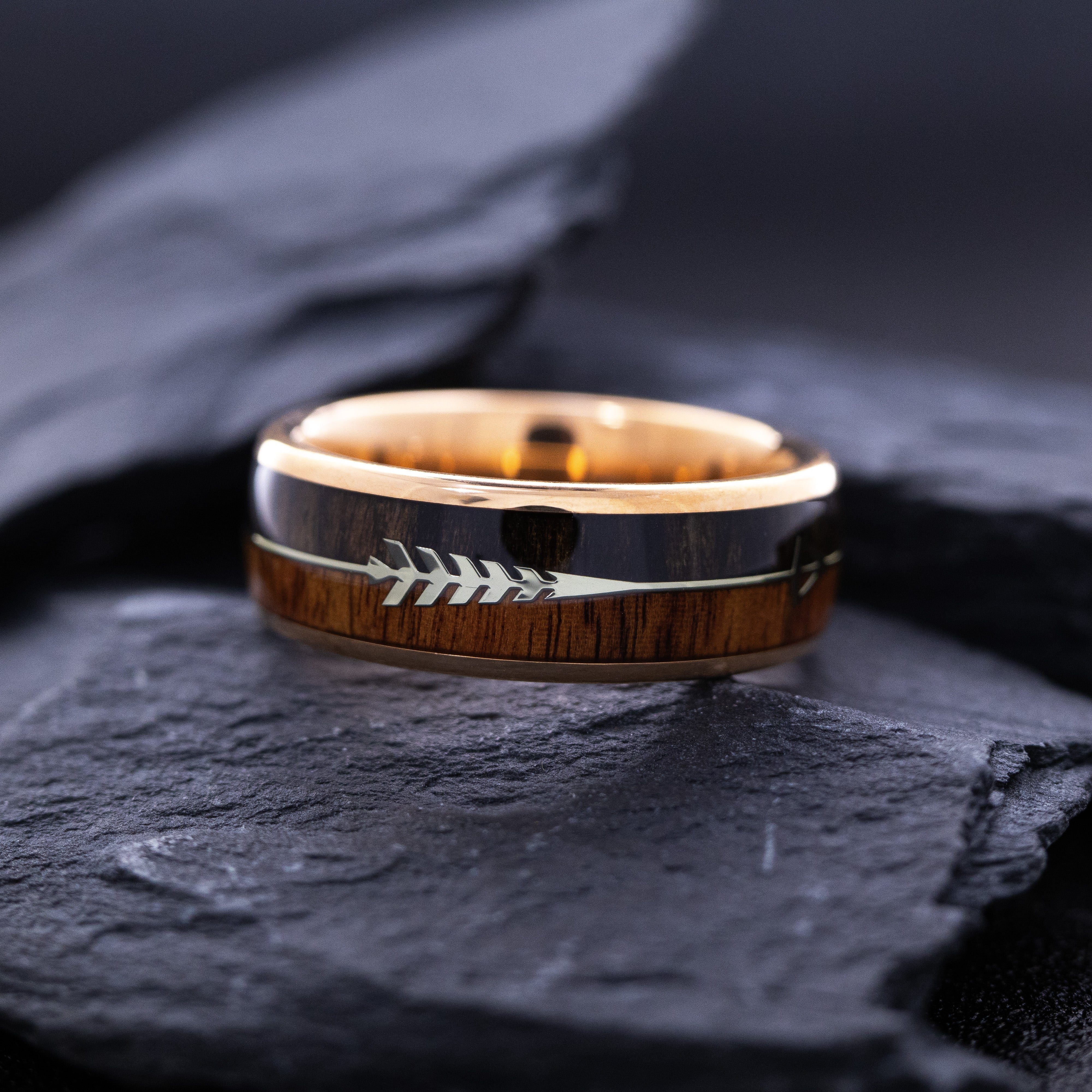 8mm Dome Shaped, Rose Gold Plated Tungsten Ring with Wood and Silver Arrow