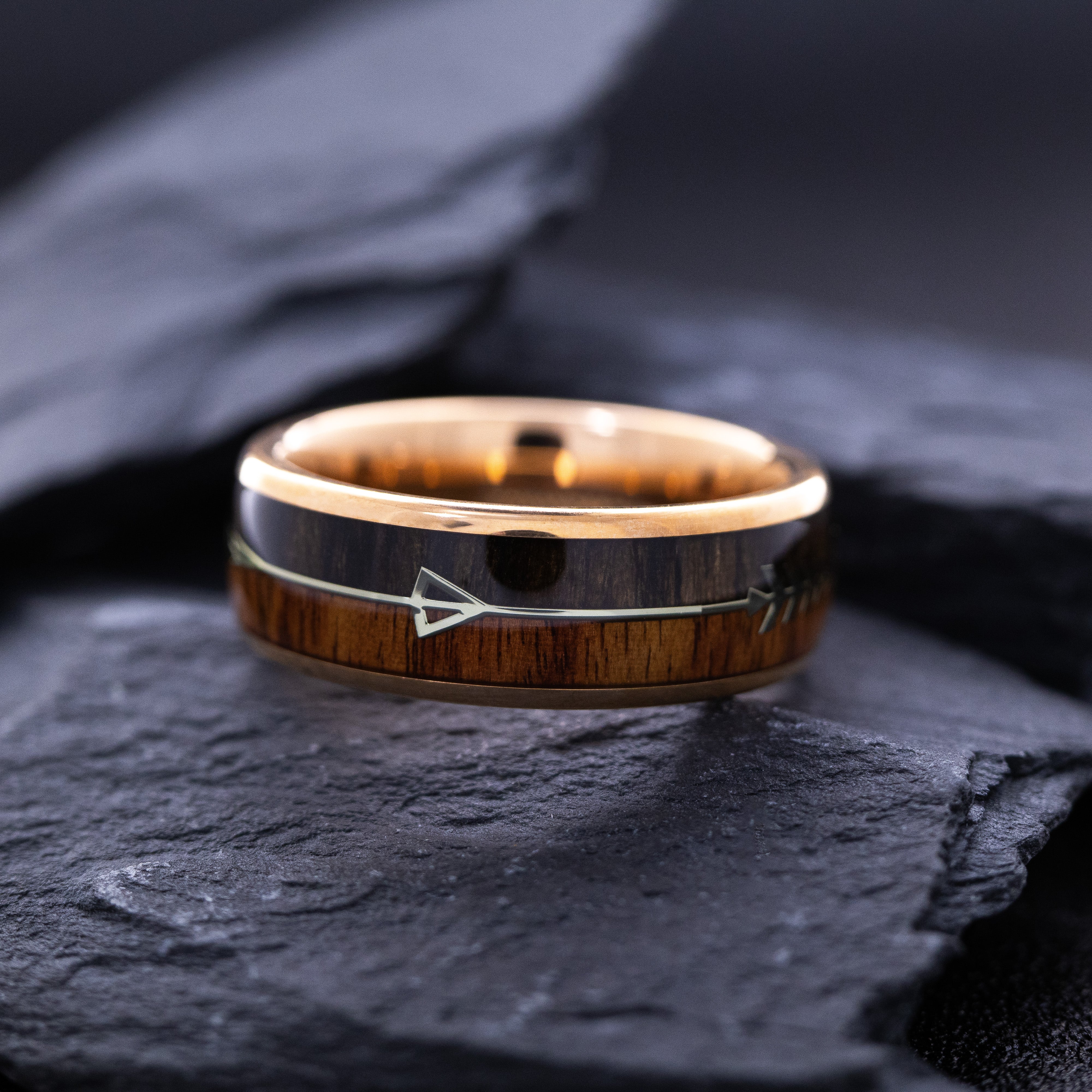 8mm Dome Shaped, Rose Gold Plated Tungsten Ring with Wood and Silver Arrow