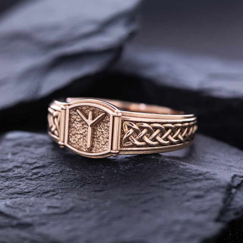 Norse Algiz Rune with Braids, 14k Solid Rose Gold Signet Ring