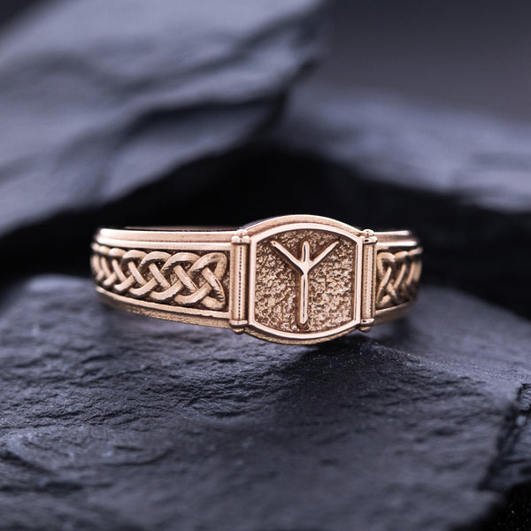 Norse Algiz Rune with Braids, 14k Solid Rose Gold Signet Ring