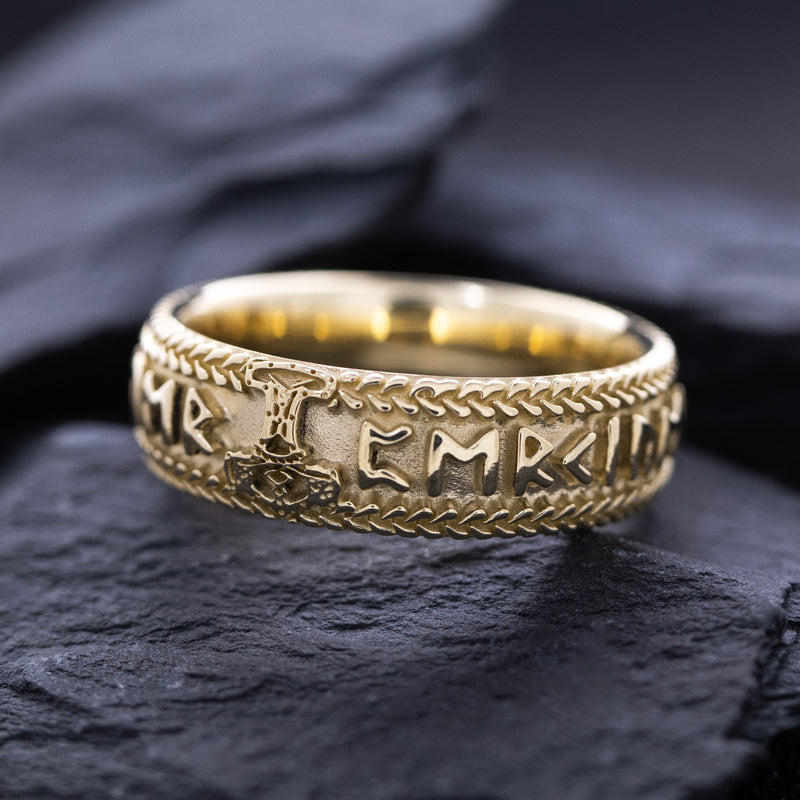 8mm Custom Made, Dome Shaped, Solid Yellow Gold Ring with Nordic Runes and Thor's Hammer