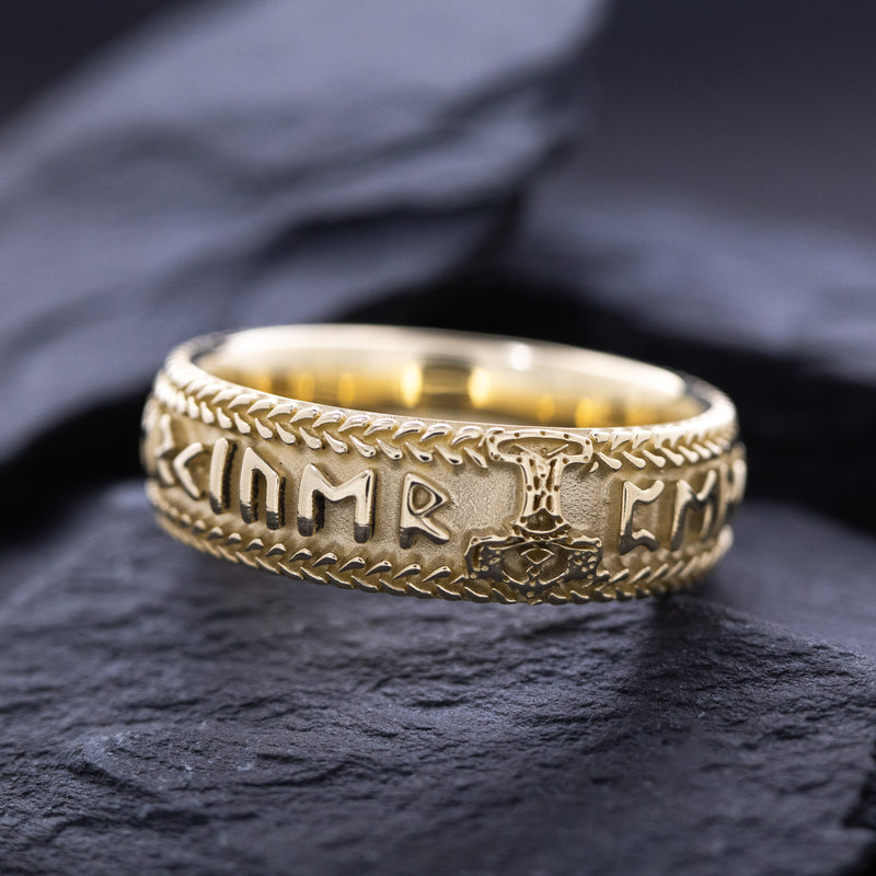 8mm Custom Made, Dome Shaped, Solid Yellow Gold Ring with Nordic Runes and Thor's Hammer