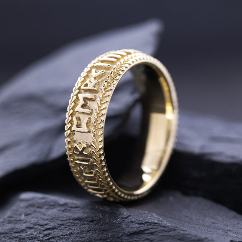 8mm Custom Made, Dome Shaped, Solid Yellow Gold Ring with Nordic Runes and Thor's Hammer