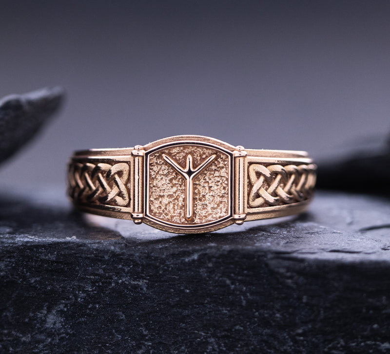 Norse Algiz Rune with Braids, 14k Solid Rose Gold Signet Ring