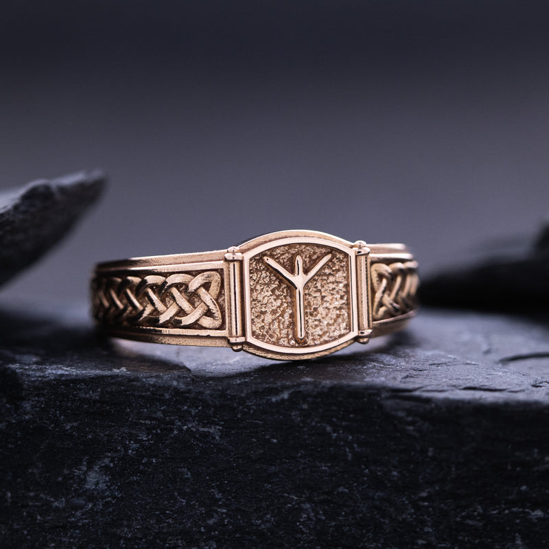 Norse Algiz Rune with Braids, 14k Solid Rose Gold Signet Ring