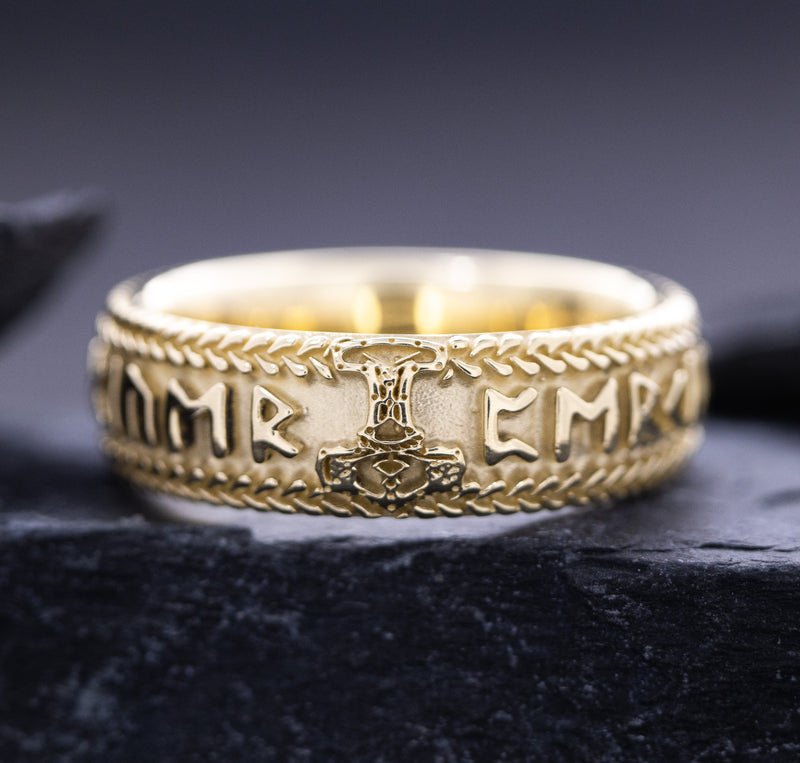 8mm Custom Made, Dome Shaped, Solid Yellow Gold Ring with Nordic Runes and Thor's Hammer