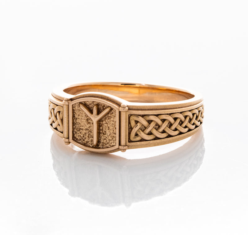 Norse Algiz Rune with Braids, 14k Solid Rose Gold Signet Ring