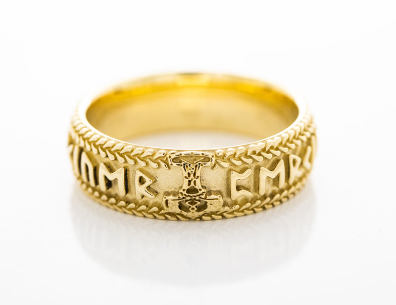 8mm Custom Made, Dome Shaped, Solid Yellow Gold Ring with Nordic Runes and Thor's Hammer