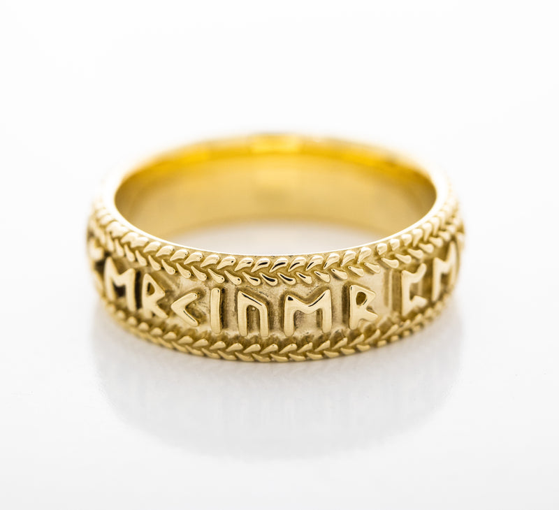 8mm Custom Made, Dome Shaped, Solid Yellow Gold Ring with Nordic Runes and Thor's Hammer