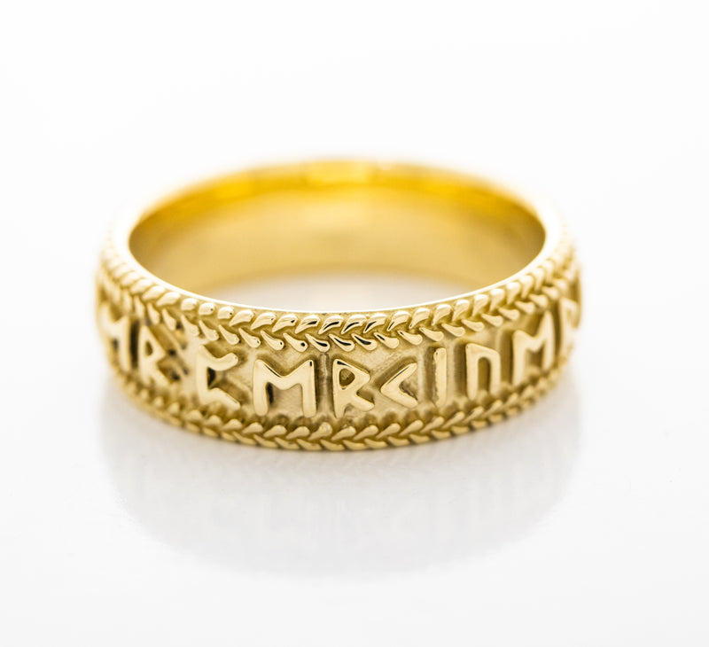 8mm Custom Made, Dome Shaped, Solid Yellow Gold Ring with Nordic Runes and Thor's Hammer