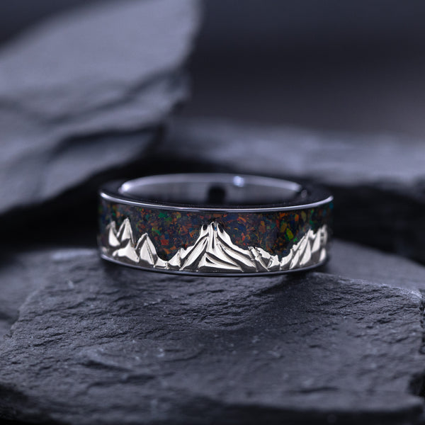 7mm Black Zirconium and Solid White Gold Mountain Range with Crushed Opal Skyline