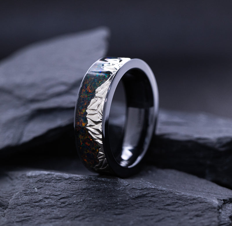 7mm Black Zirconium and Solid White Gold Mountain Range with Crushed Opal Skyline