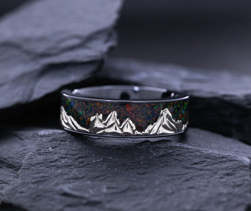 7mm Black Zirconium and Solid White Gold Mountain Range with Crushed Opal Skyline