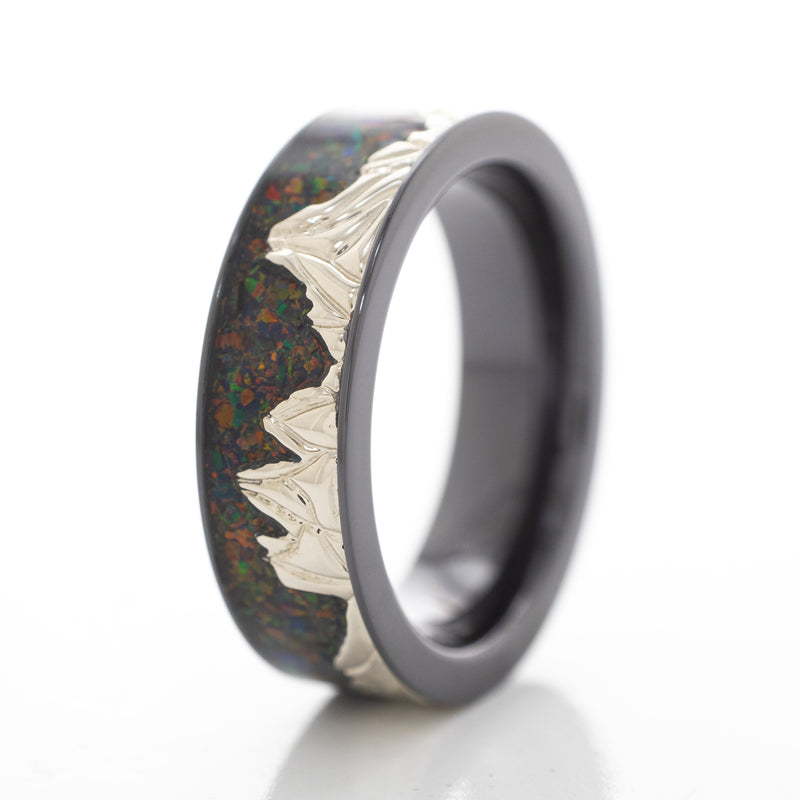 7mm Black Zirconium and Solid White Gold Mountain Range with Crushed Opal Skyline