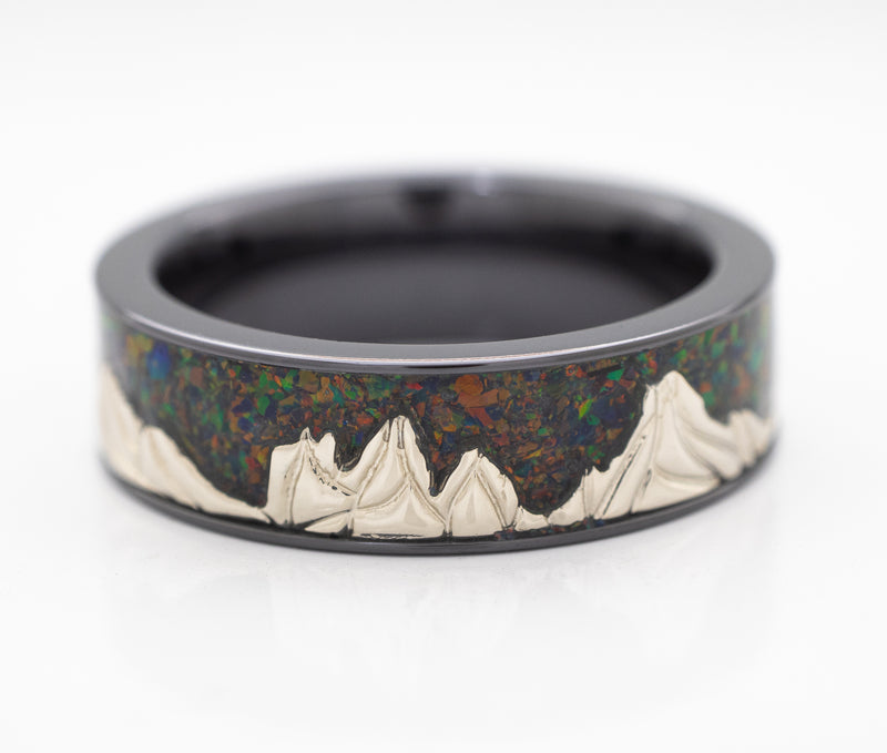 7mm Black Zirconium and Solid White Gold Mountain Range with Crushed Opal Skyline