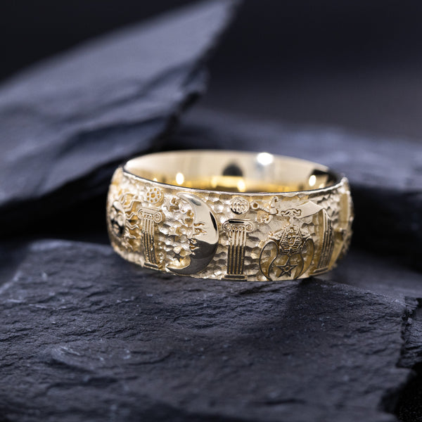 9mm Custom Made, Hammered Texture, Solid Yellow Gold Ring with Masonic Symbols