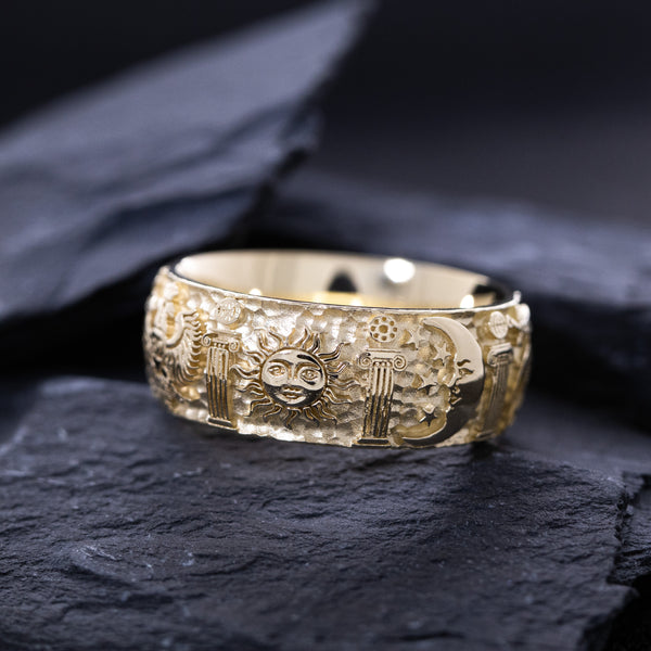 9mm Custom Made, Hammered Texture, Solid Yellow Gold Ring with Masonic Symbols