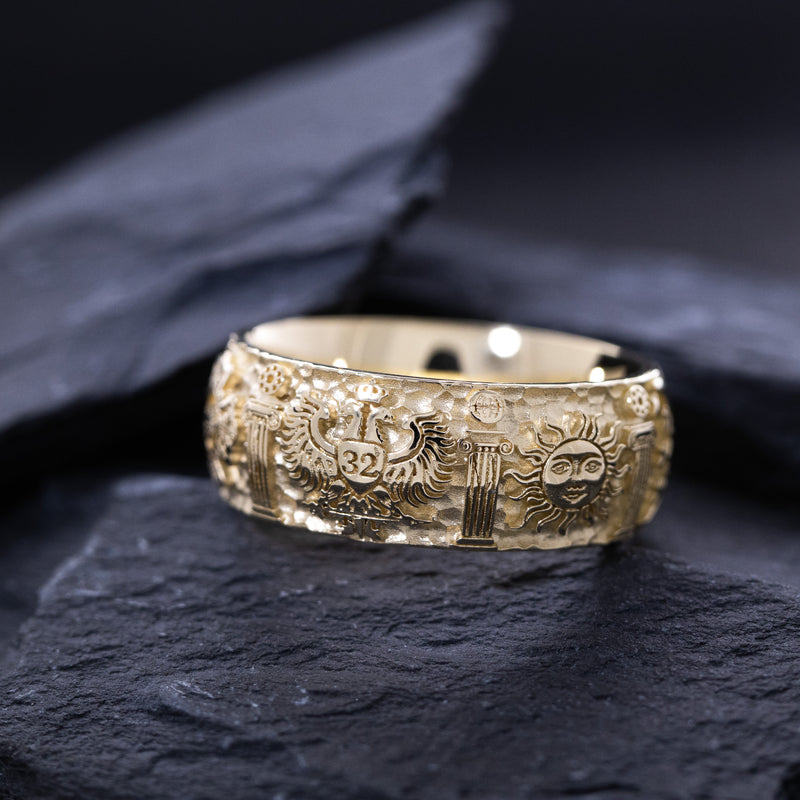 9mm Custom Made, Hammered Texture, Solid Yellow Gold Ring with Masonic Symbols