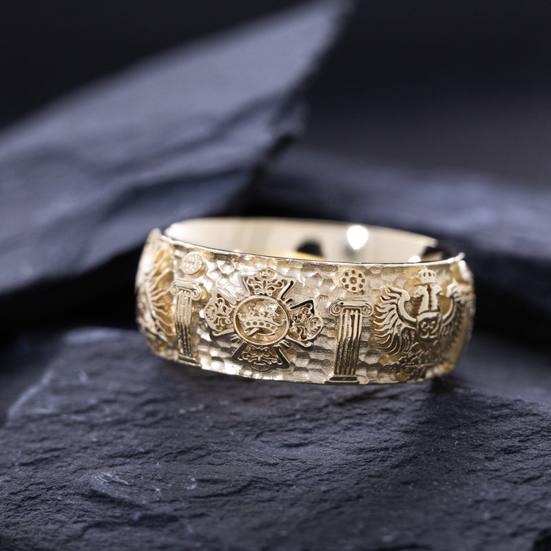 9mm Custom Made, Hammered Texture, Solid Yellow Gold Ring with Masonic Symbols