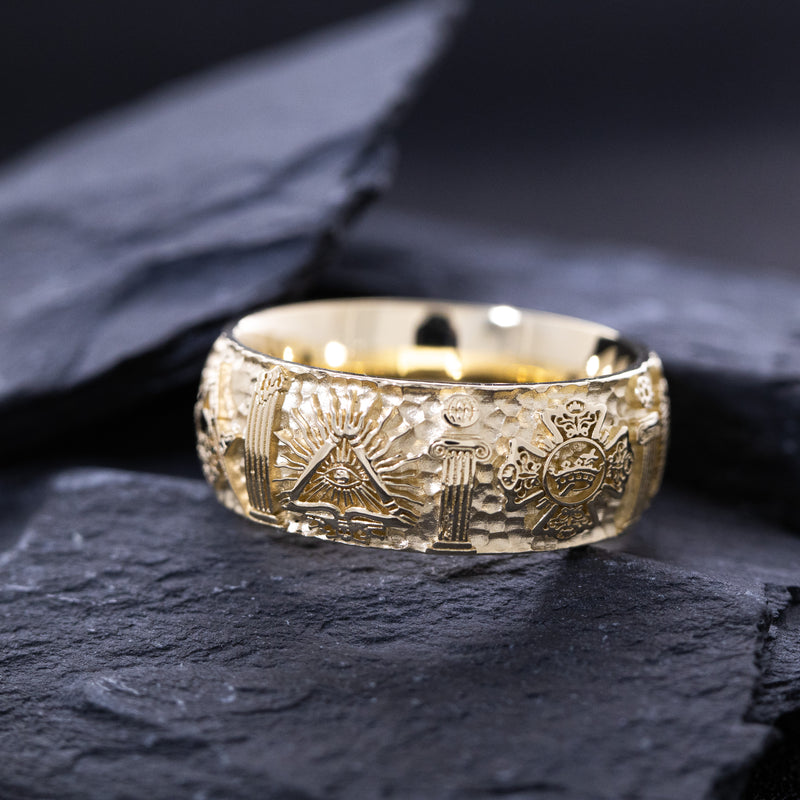 9mm Custom Made, Hammered Texture, Solid Yellow Gold Ring with Masonic Symbols