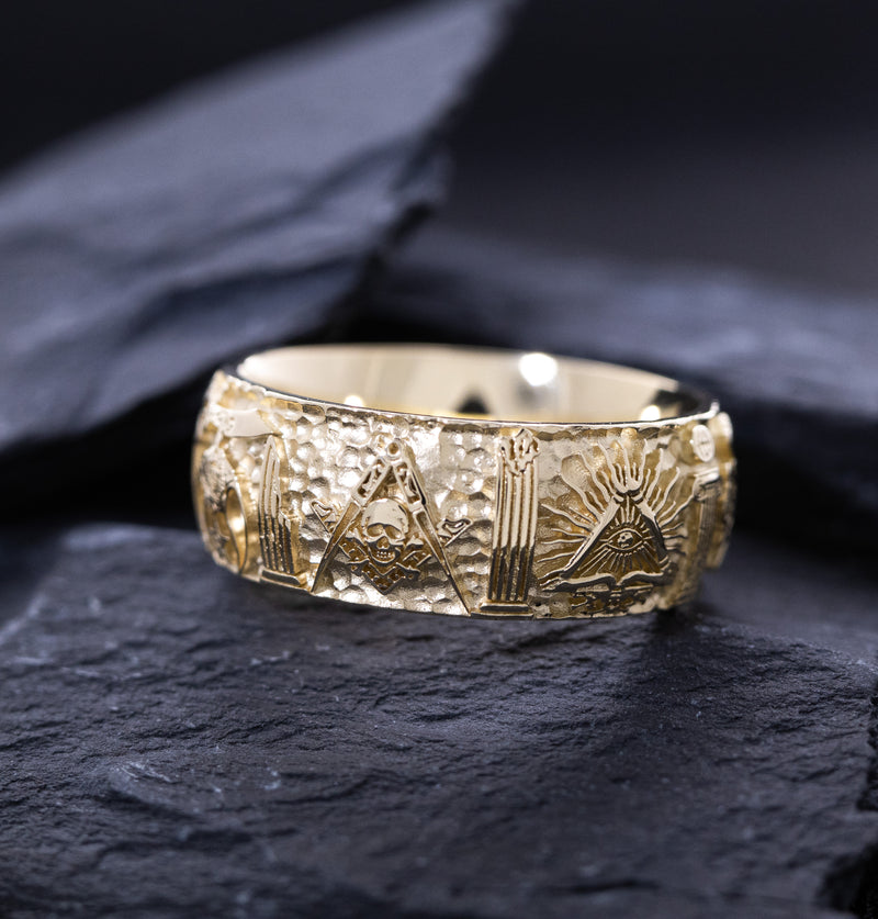 9mm Custom Made, Hammered Texture, Solid Yellow Gold Ring with Masonic Symbols