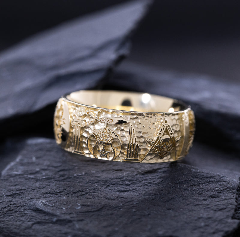 9mm Custom Made, Hammered Texture, Solid Yellow Gold Ring with Masonic Symbols