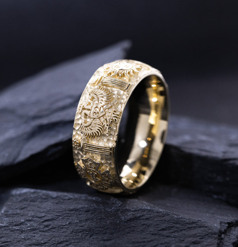 9mm Custom Made, Hammered Texture, Solid Yellow Gold Ring with Masonic Symbols