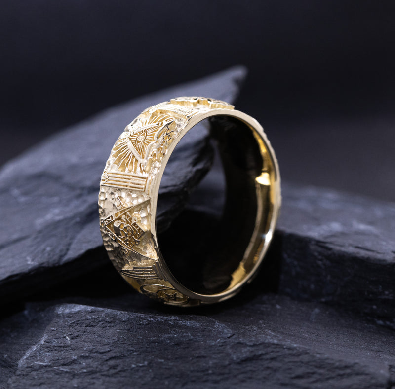 9mm Custom Made, Hammered Texture, Solid Yellow Gold Ring with Masonic Symbols