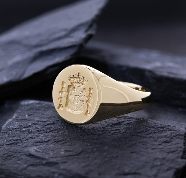 Spanish Royal Coat of Arms Wax Seal Signet Ring, 14k Solid Yellow Gold Ring