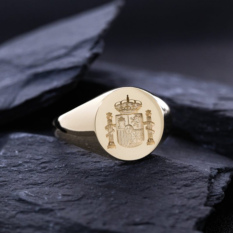 Spanish Royal Coat of Arms Wax Seal Signet Ring, 14k Solid Yellow Gold Ring