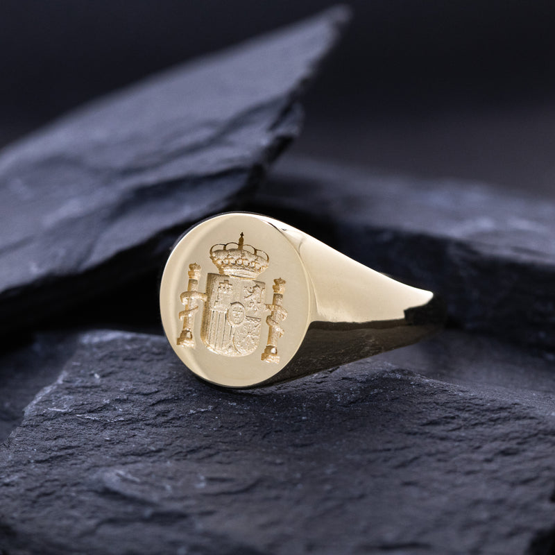 Spanish Royal Coat of Arms Wax Seal Signet Ring, 14k Solid Yellow Gold Ring